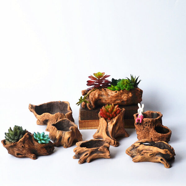 Pasu hiasan creative retro cement imitation wooden pile root wood tree head fleshy flower pot factory direct wholesale - Image 3