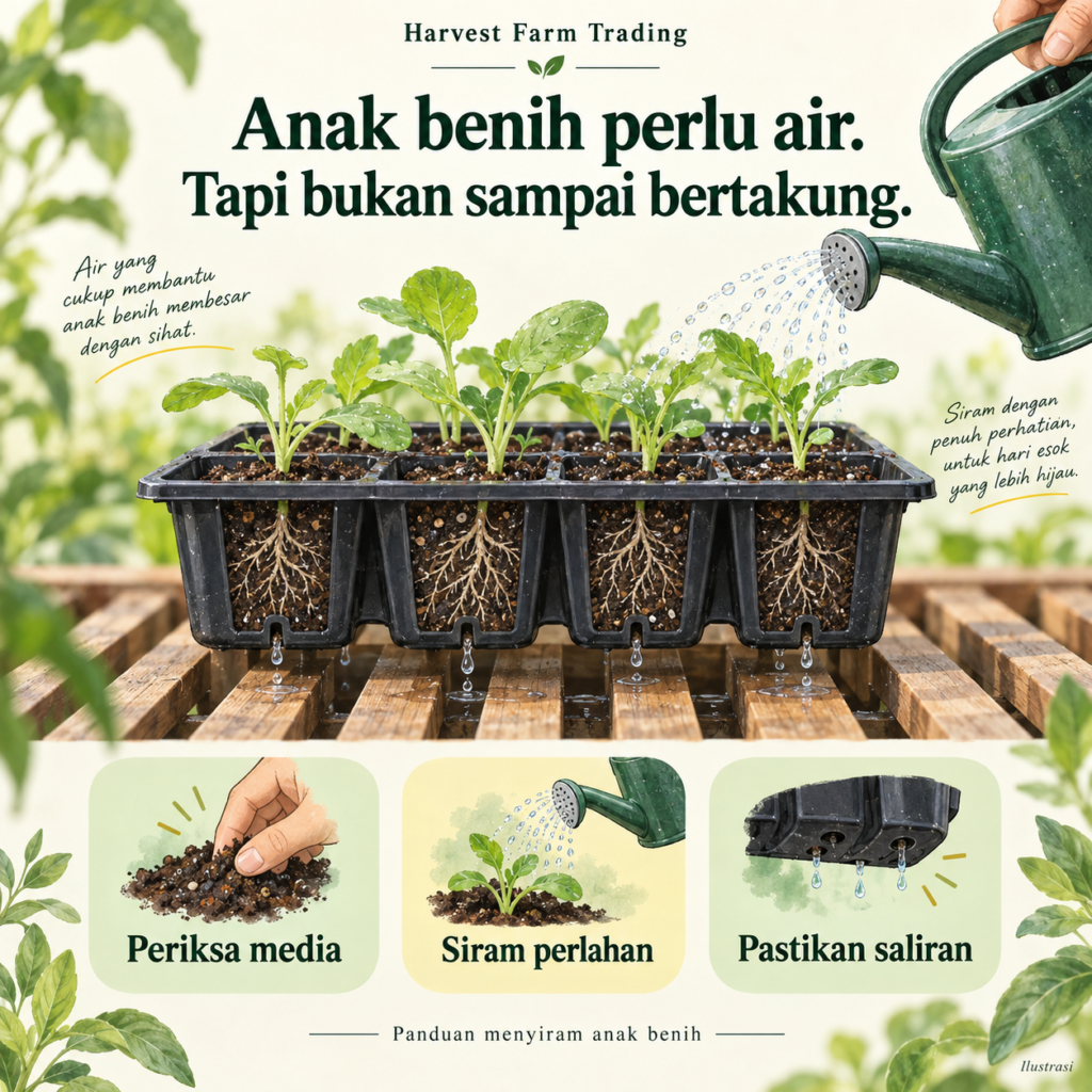 Ilustrasi anak benih dalam dulang bersaliran: periksa media, siram perlahan dan pastikan saliran.
