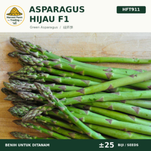 HFT 911 Green Asparagus F1 seeds, Benih Asparagus Hijau F1, 绿芦笋种子, approximately 25 seeds, with Harvest Farm Trading logo