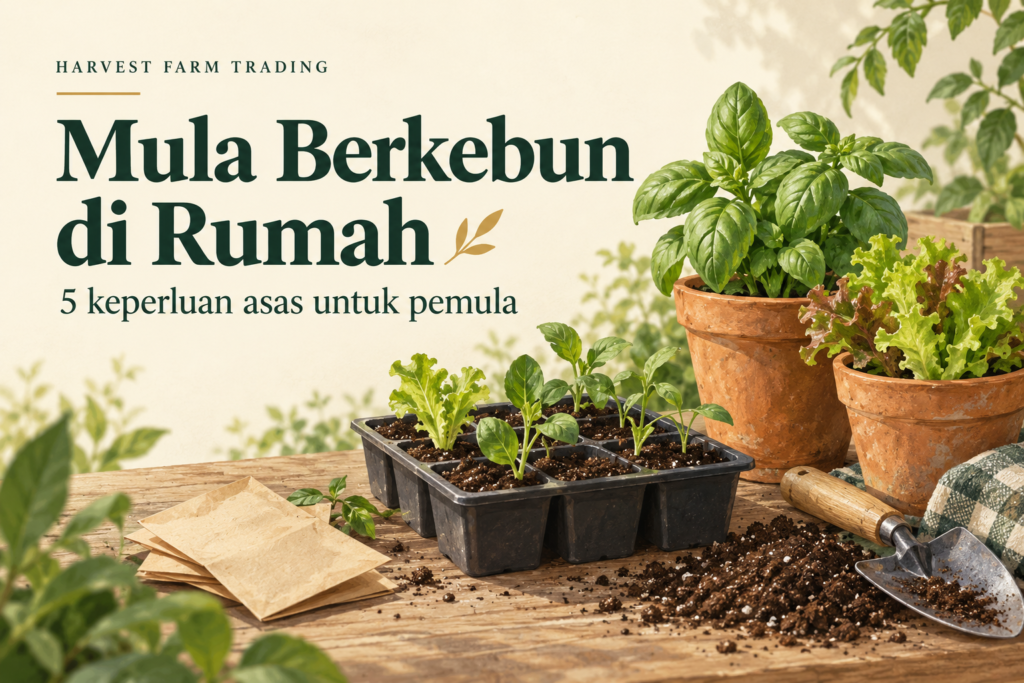 Ilustrasi benih, dulang semaian, pasu dan alatan kecil untuk berkebun di rumah